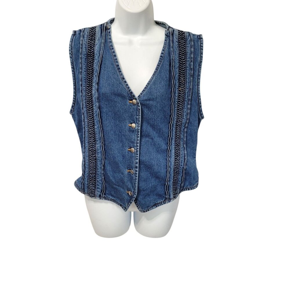Poetic License Women's Vintage Denim Vest Size L Embellished Button Southwestern - Picture 2 of 15